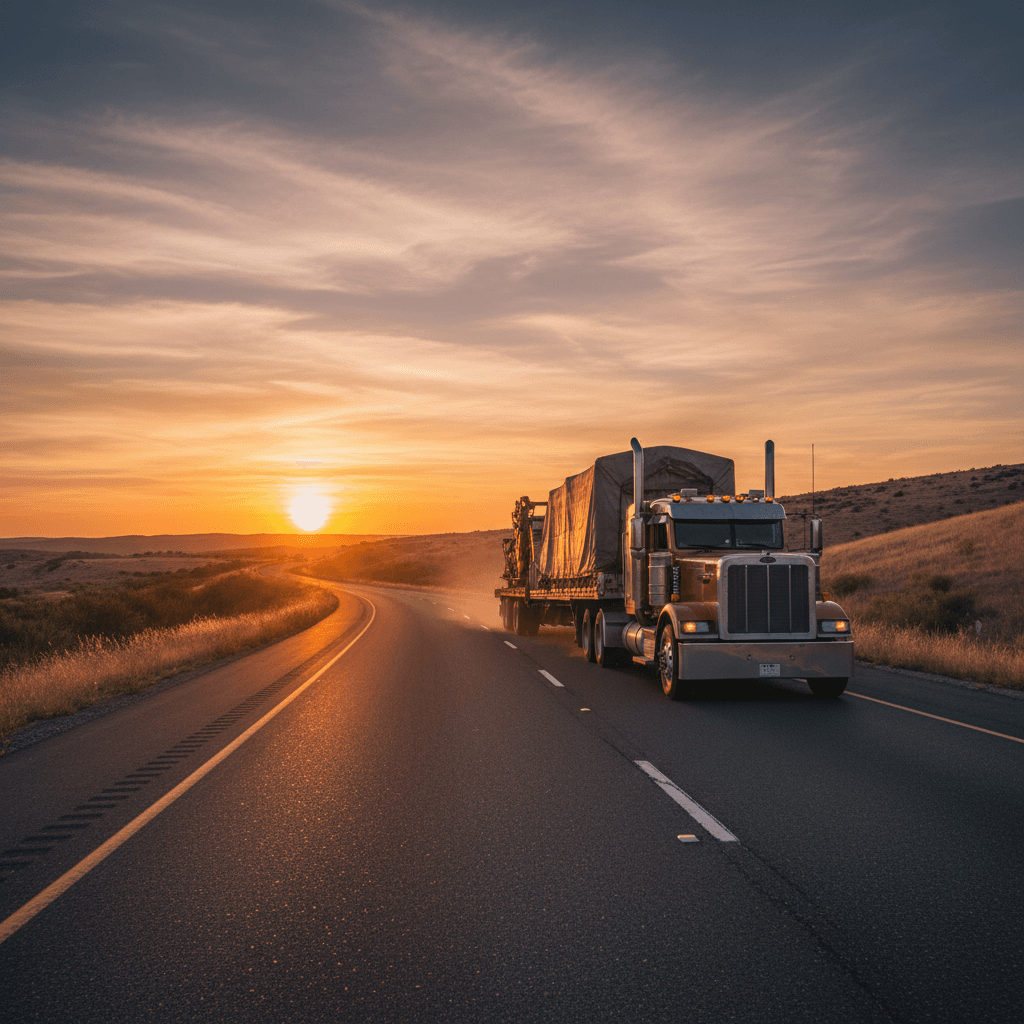 Semi truck trailer loaded with freight on highway