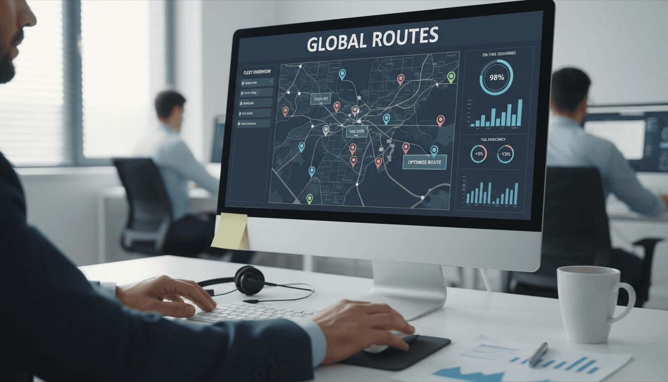 Logistics dispatcher monitoring shipments on computer screens